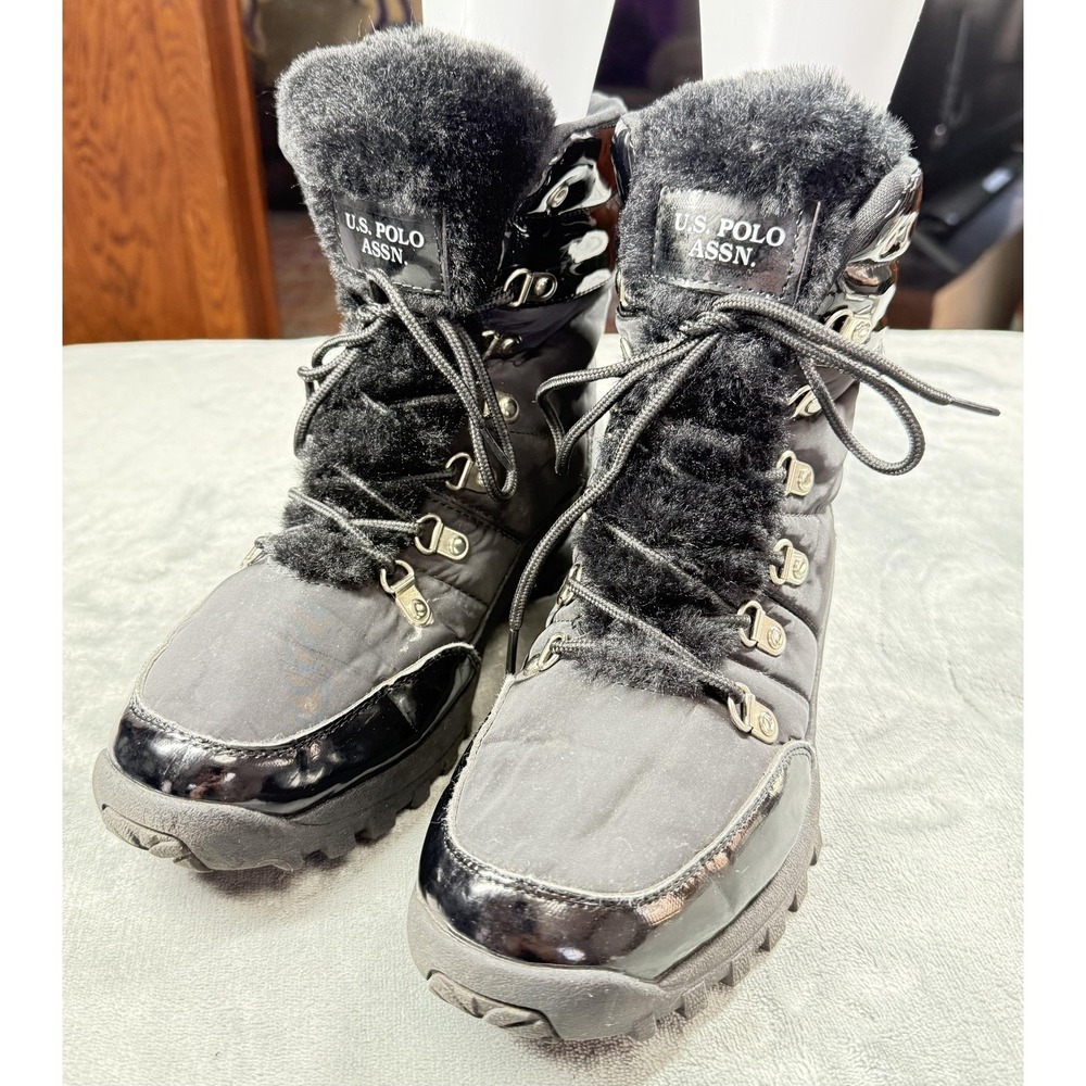 U.S. Polo Assn Boots Womens Size 9.5 Black Faux Fur Winter‎ Snow Lace Up NW8995